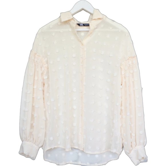 Zara Sheer Creme Textured Dot Blouse - Picture 1 of 4